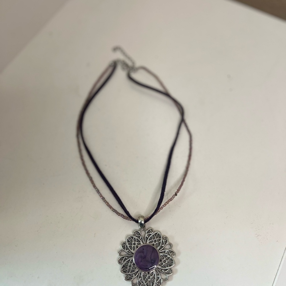 Vintage | Style Purple Cabochon Pendant Necklace Silver Tone